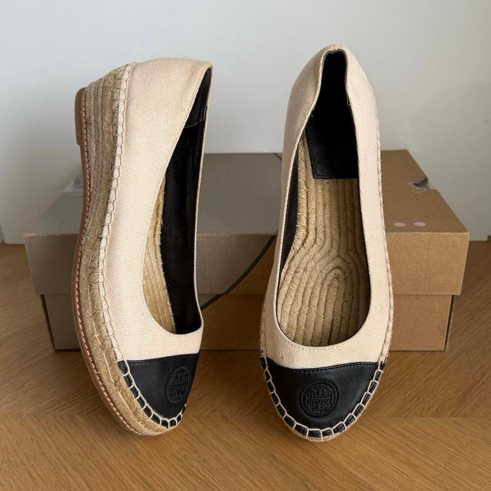 Tory Burch Beige/Black Women Espadrille Wedge Shoes - SZ 8